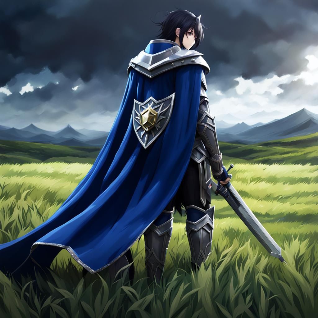 Anime-Style Armored Knight After Battle in Windy Field