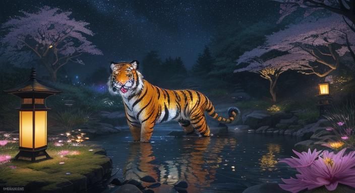 Dragon-Tiger Gazing at Lanterns Under Starry Sky