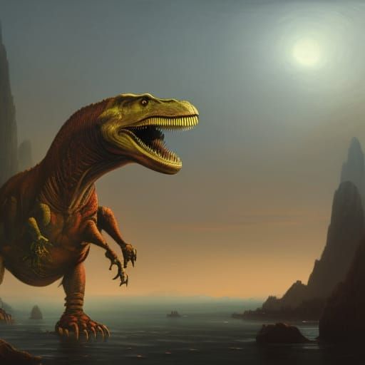 Dinosaurs in Ukiyo-e Brutalist Landscape