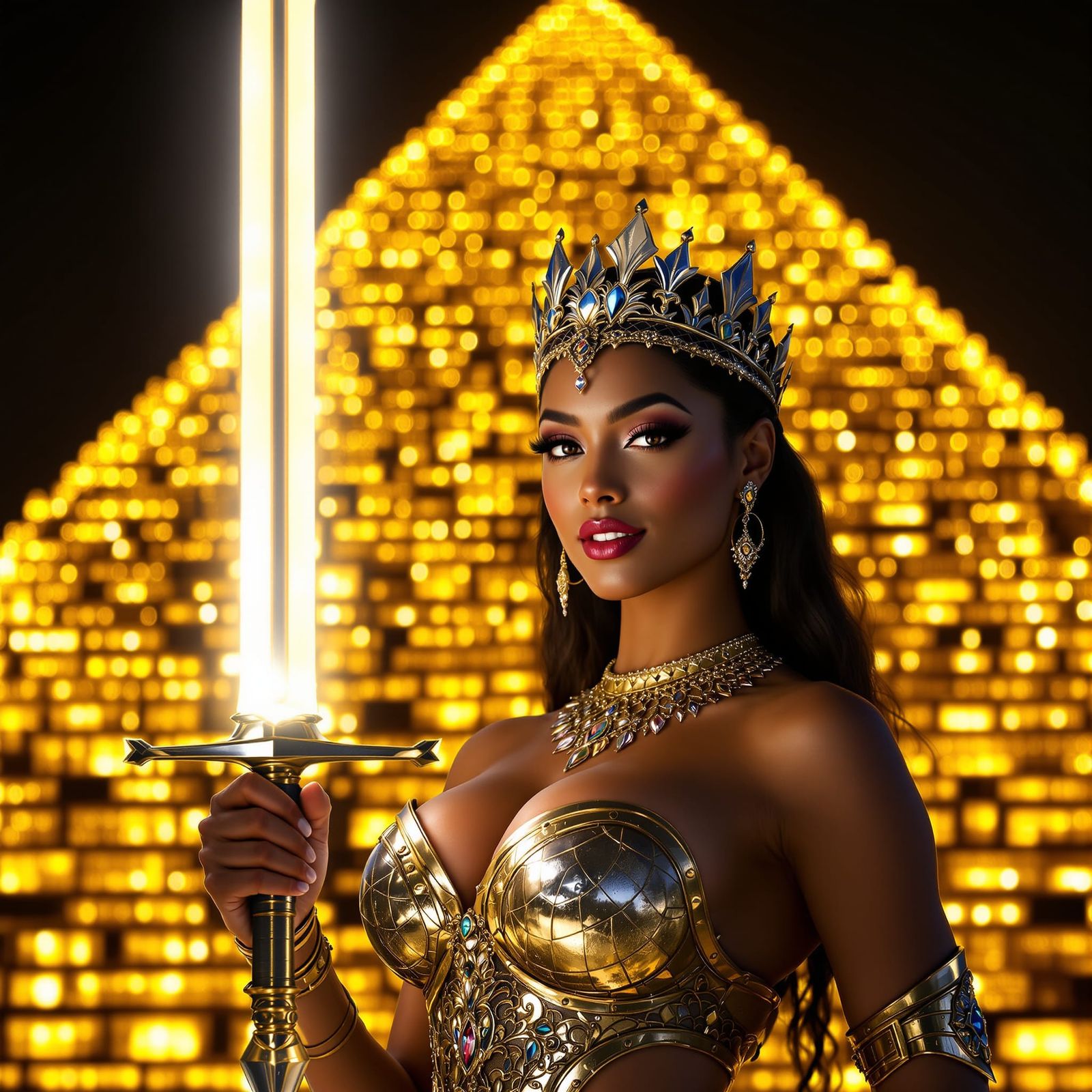 Warrior Queen Before Golden Pyramid with Glowing Sword