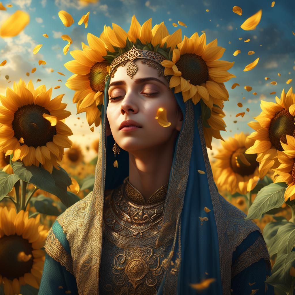 Iranian Girl with Sunflower Crown: Fantasy Concept Art