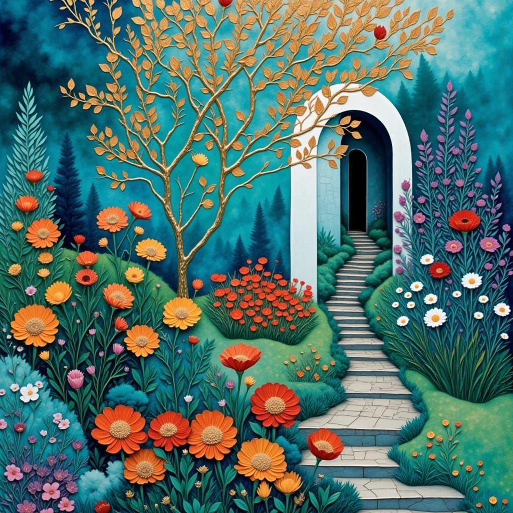 Golden Italian Courtyard Collage in Textured Paper Style