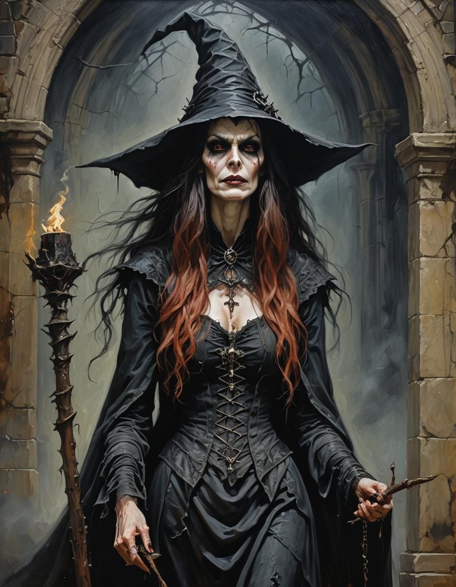 Gothic Evil Witch in Oil Painting Style