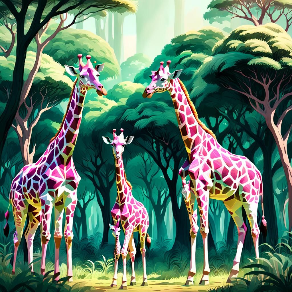 Giraffe Family in Vibrant Anime Woodlands