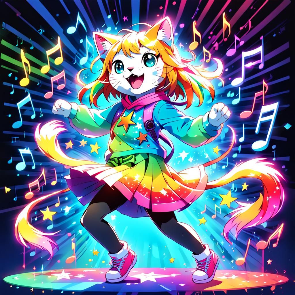 Rainbow Cat Dances in Anime Pop Art Style