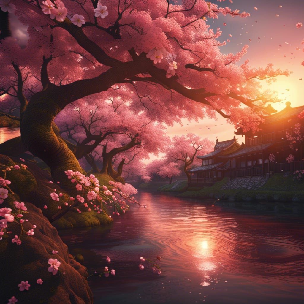 Cherry Blossoms at Sunset: Fantasy Concept Art
