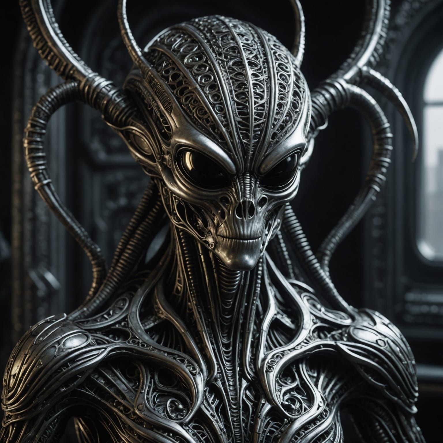 Intricate Alien Metal Sculpture in Giger Style