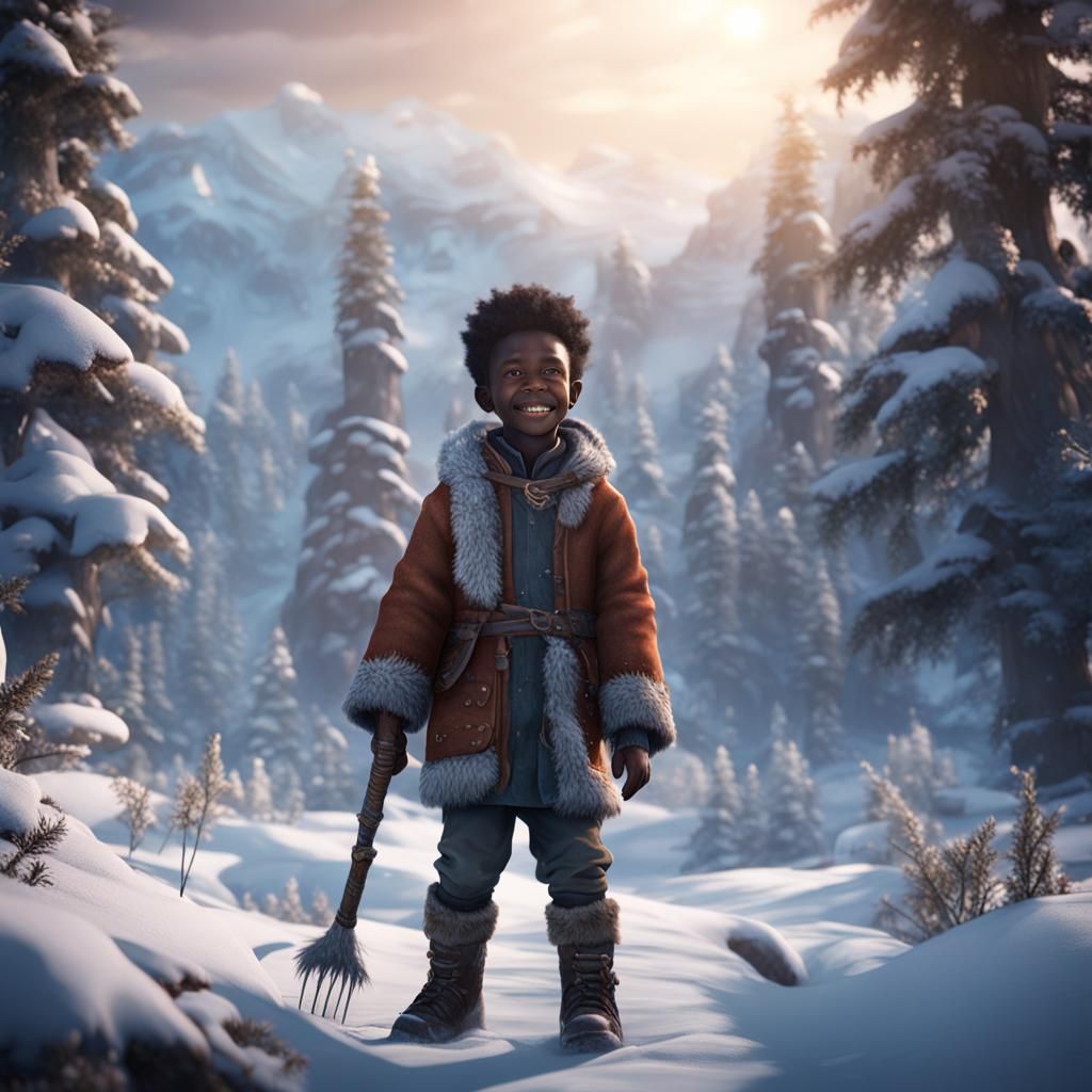 Happy Boy in Snowy Wilderness: Digital Matte Painting