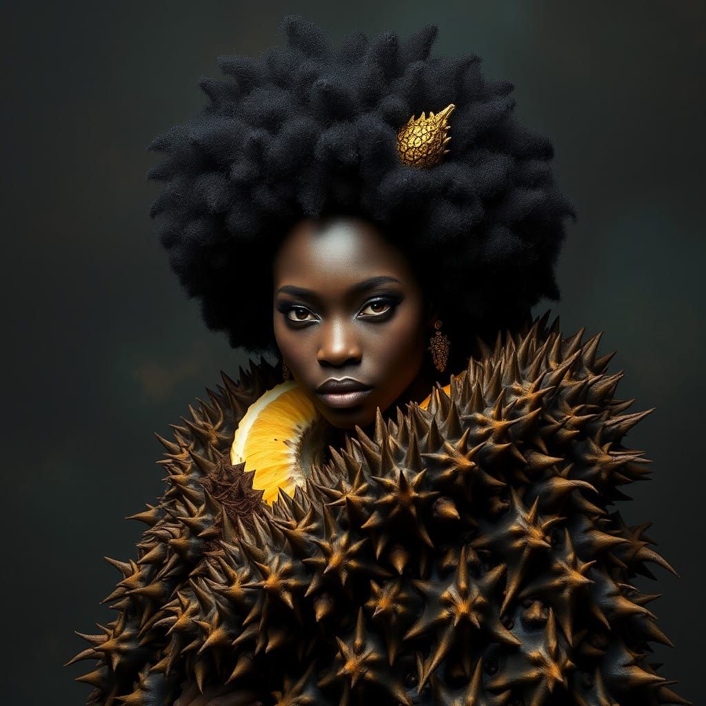Regal Woman in Durian-Inspired Coat, Fantasy Concept Art, Un...
