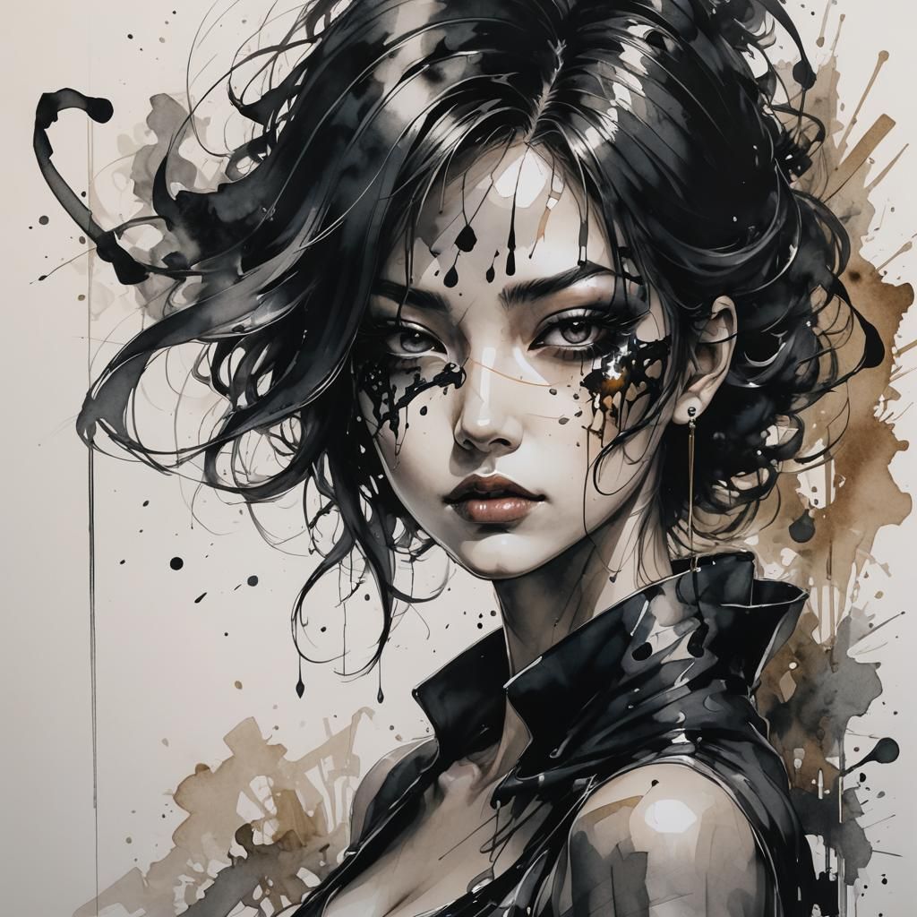 Abstract Woman in Ink Vortex, Digital Mixed Media