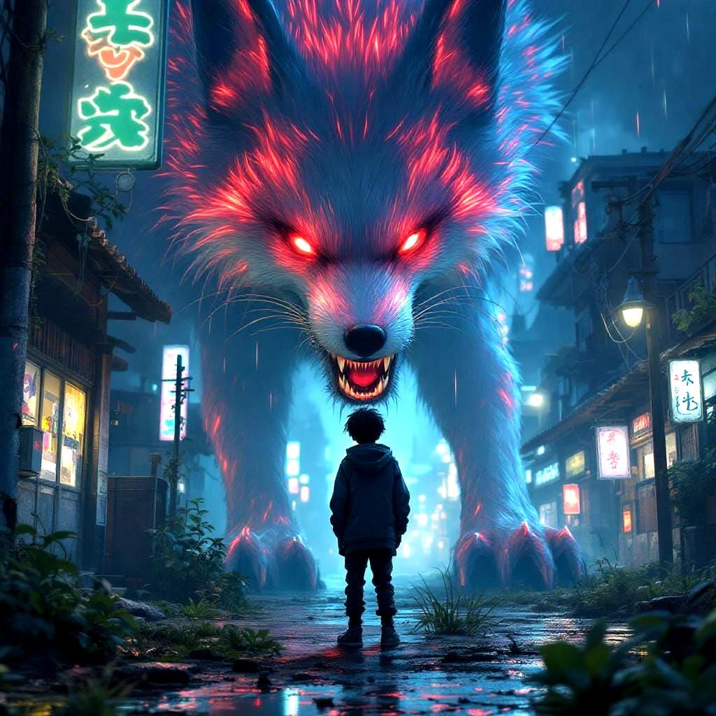 Mythical Fox Confronts Boy in Neo-Japan: Anime Art