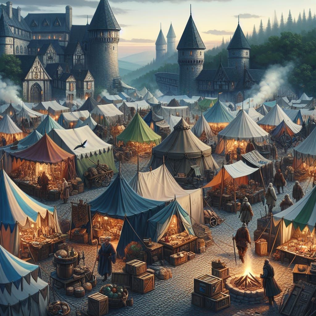 Bustling Medieval Fantasy Merchant Camp Outskirts