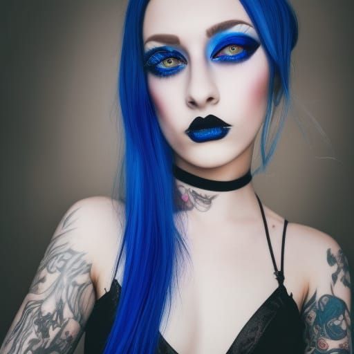 Gothic young lady with cobalt blue hair with crimson red highlights& Black highlights& sapphire blue eyes& smoky black e...