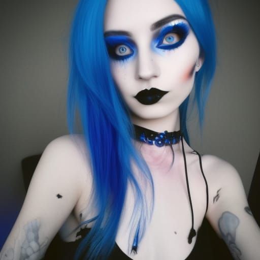 Gothic young lady with cobalt blue hair with crimson red highlights& Black highlights& sapphire blue eyes& smoky black e...