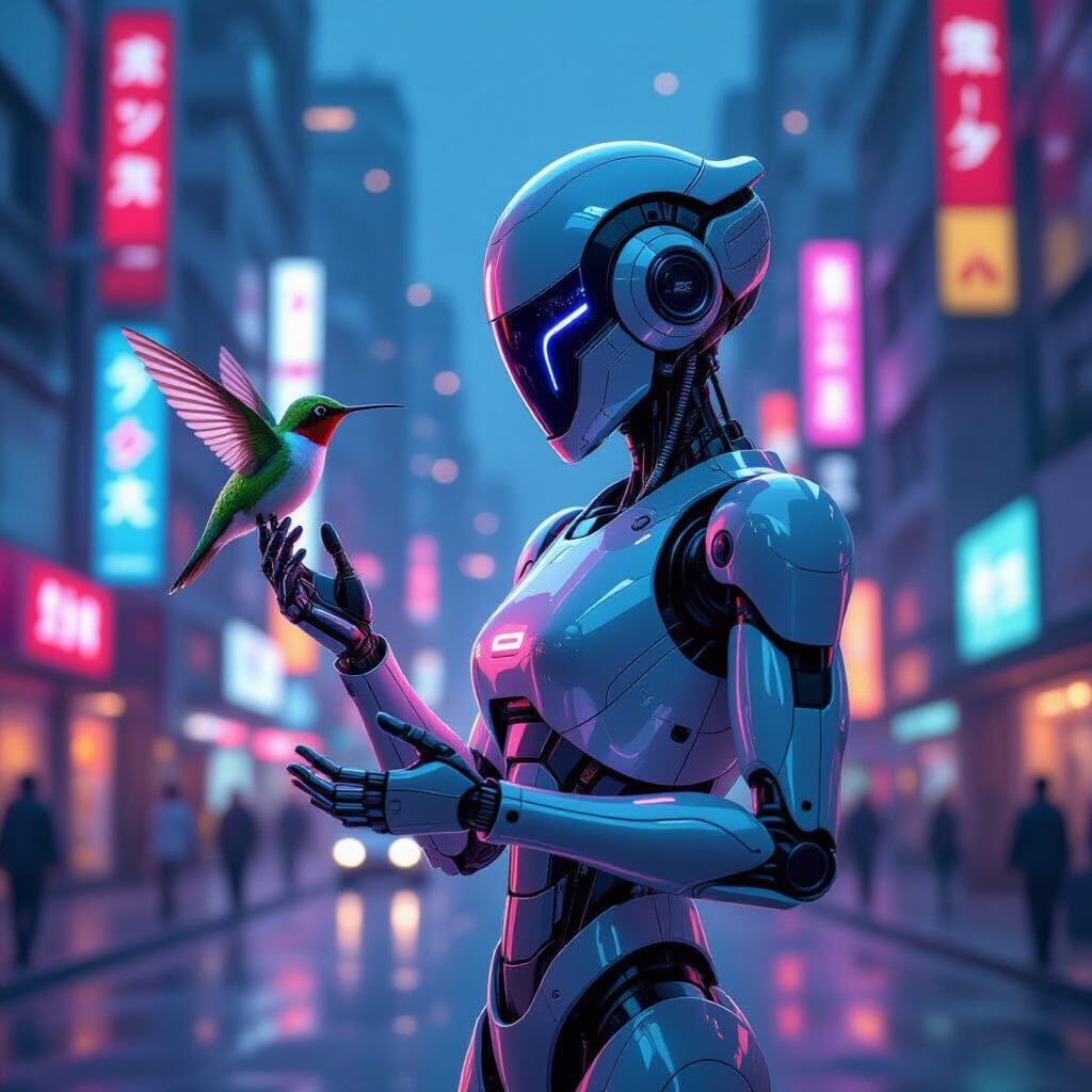 Futuristic Robot and Hummingbird in Neon Anime City
