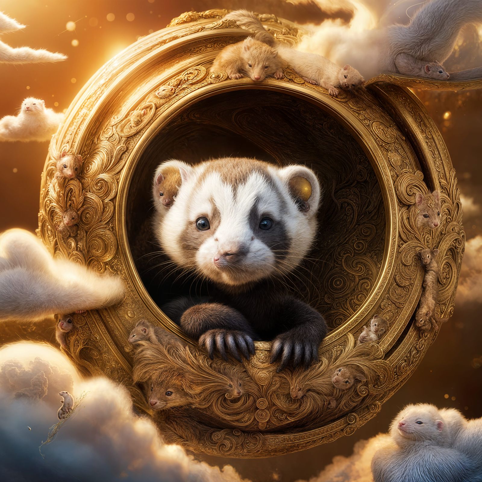 Golden Ferret Asleep on Cloud, Detailed Matte Painting