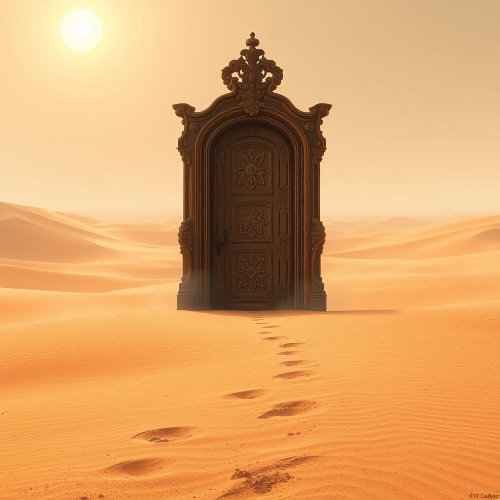 Envision a vast, arid desert landscape where a single, ornate door stands alone amidst the sand dunes, its surface shimm...