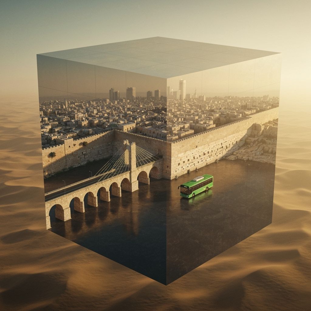 Futuristic Jerusalem in Glass Cube Above Desert