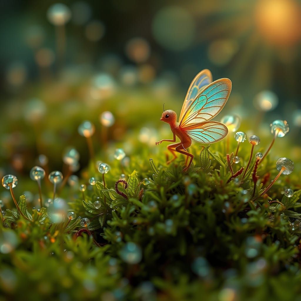 Iridescent Fairy Amidst Glowing Microorganisms