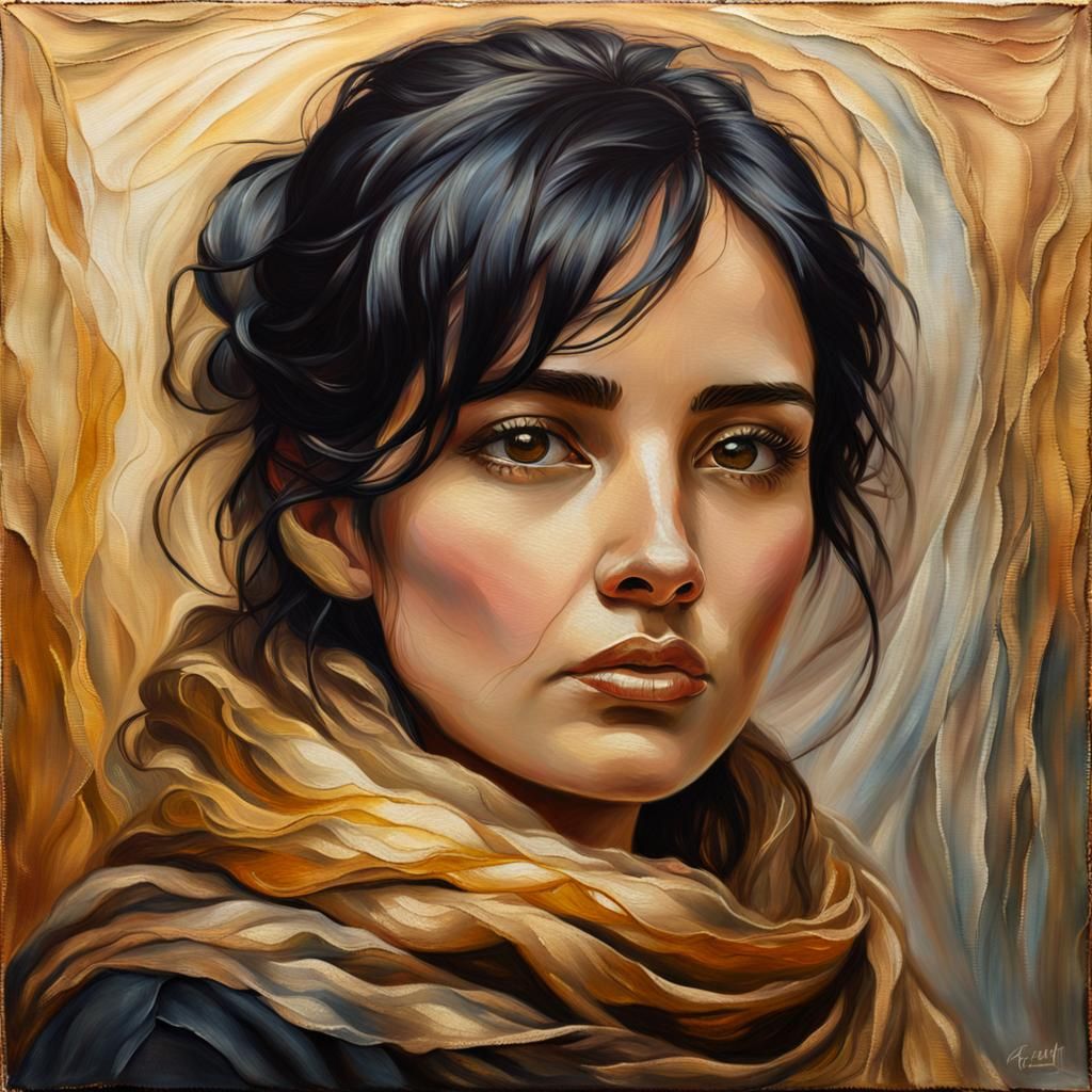 Woman in Organza Scarf as Oil Painting