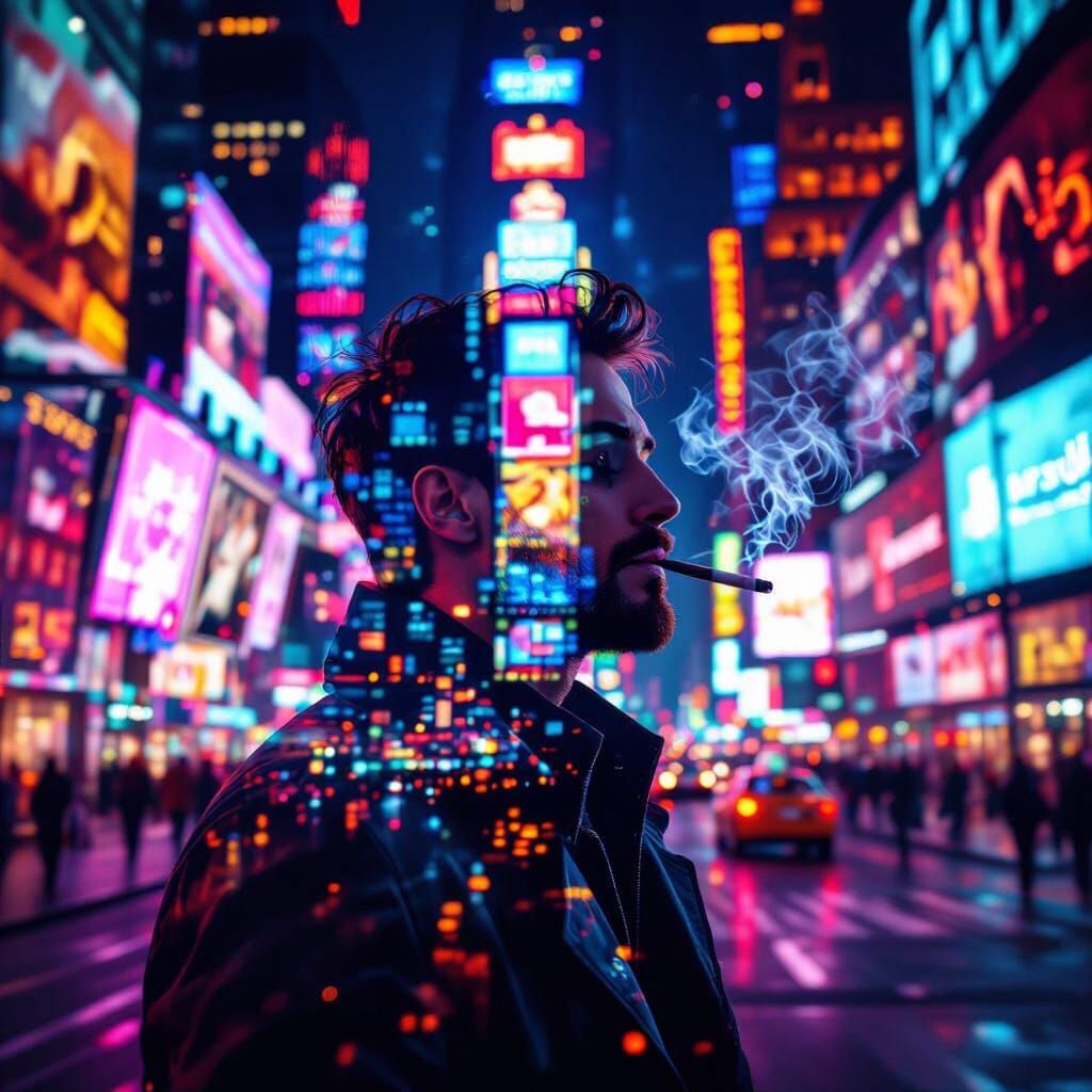 Man Smoking in Neon Times Square Double Exposure