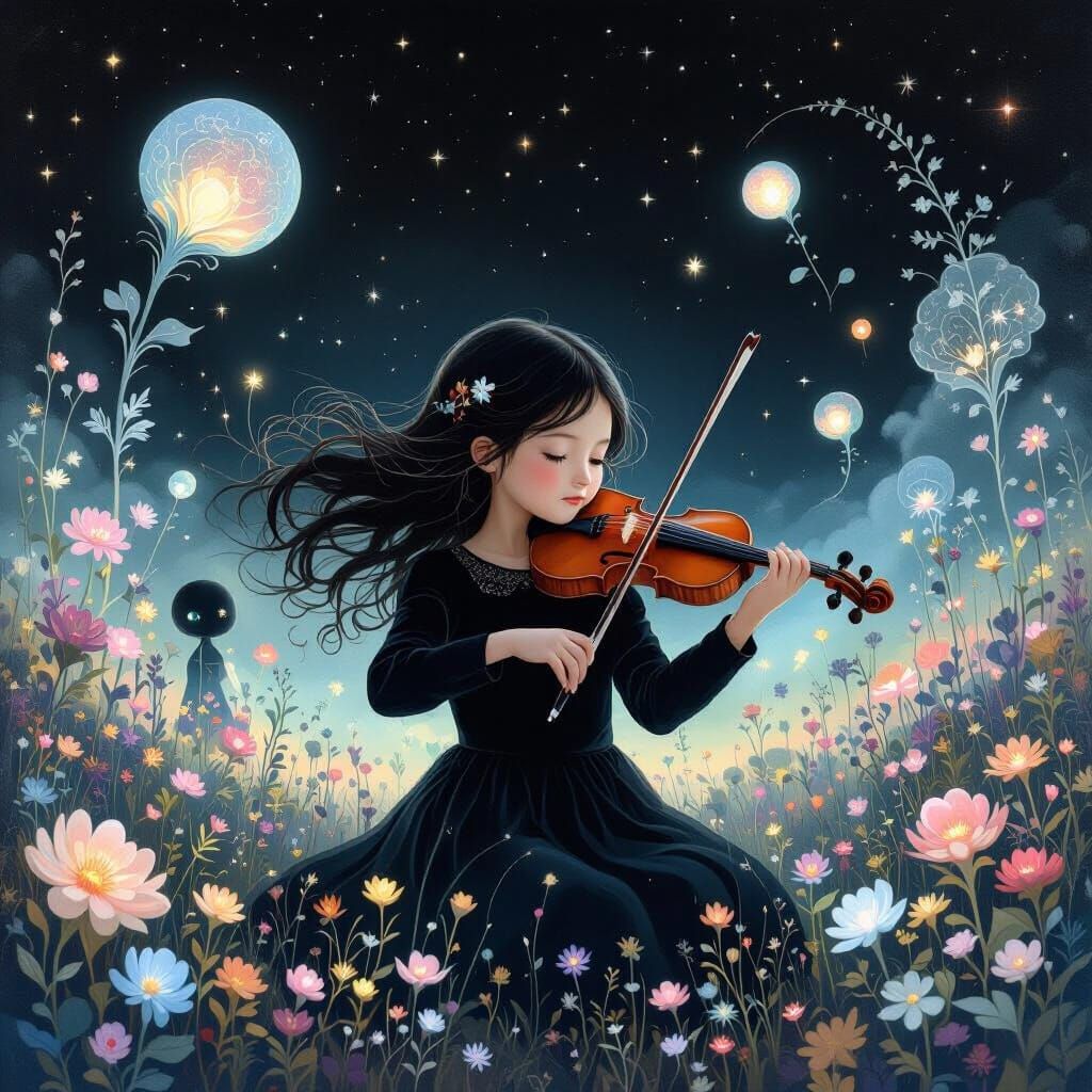 Girl Plays Violin for Cute Aliens in Surreal Void