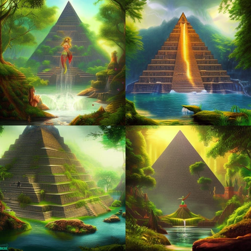 Aztec Pyramid and Mermaid in Lush Forest