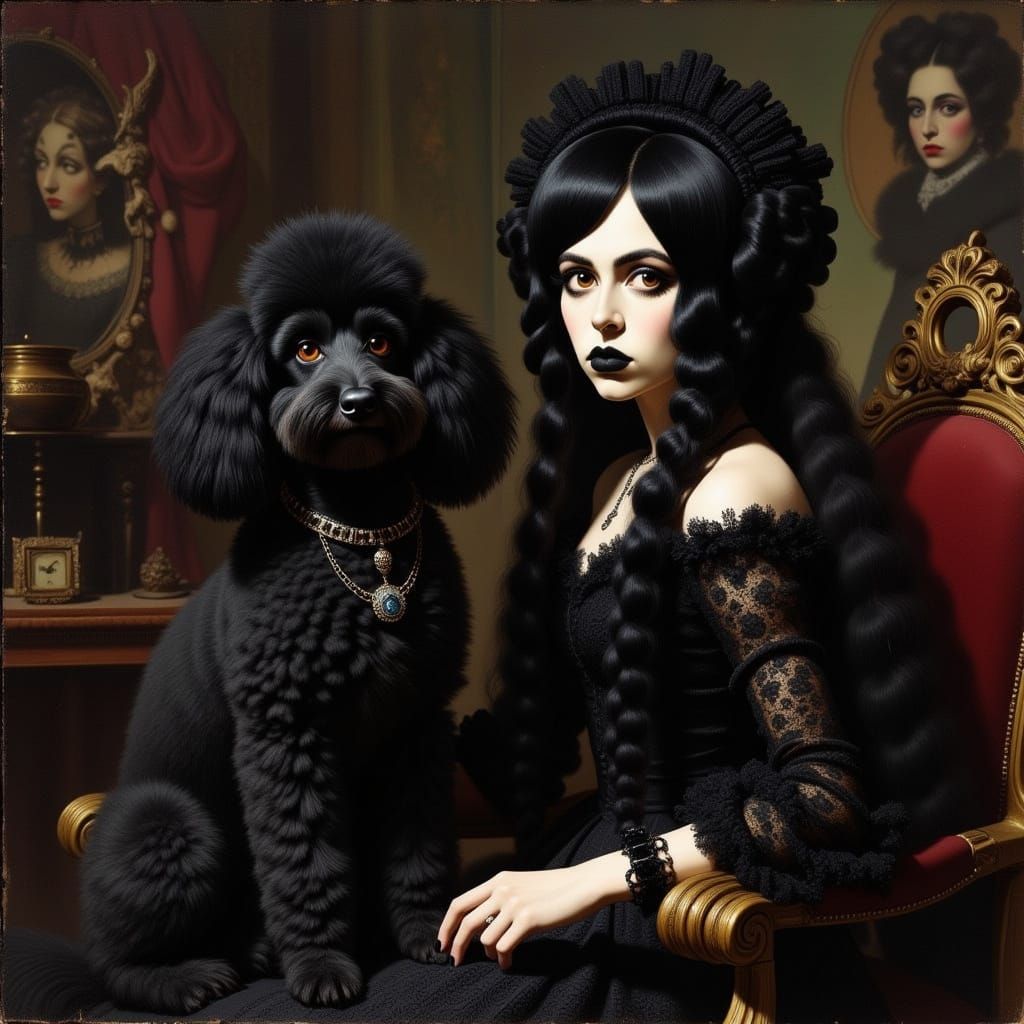 Goth Poodle and Owner in Victorian Parlor