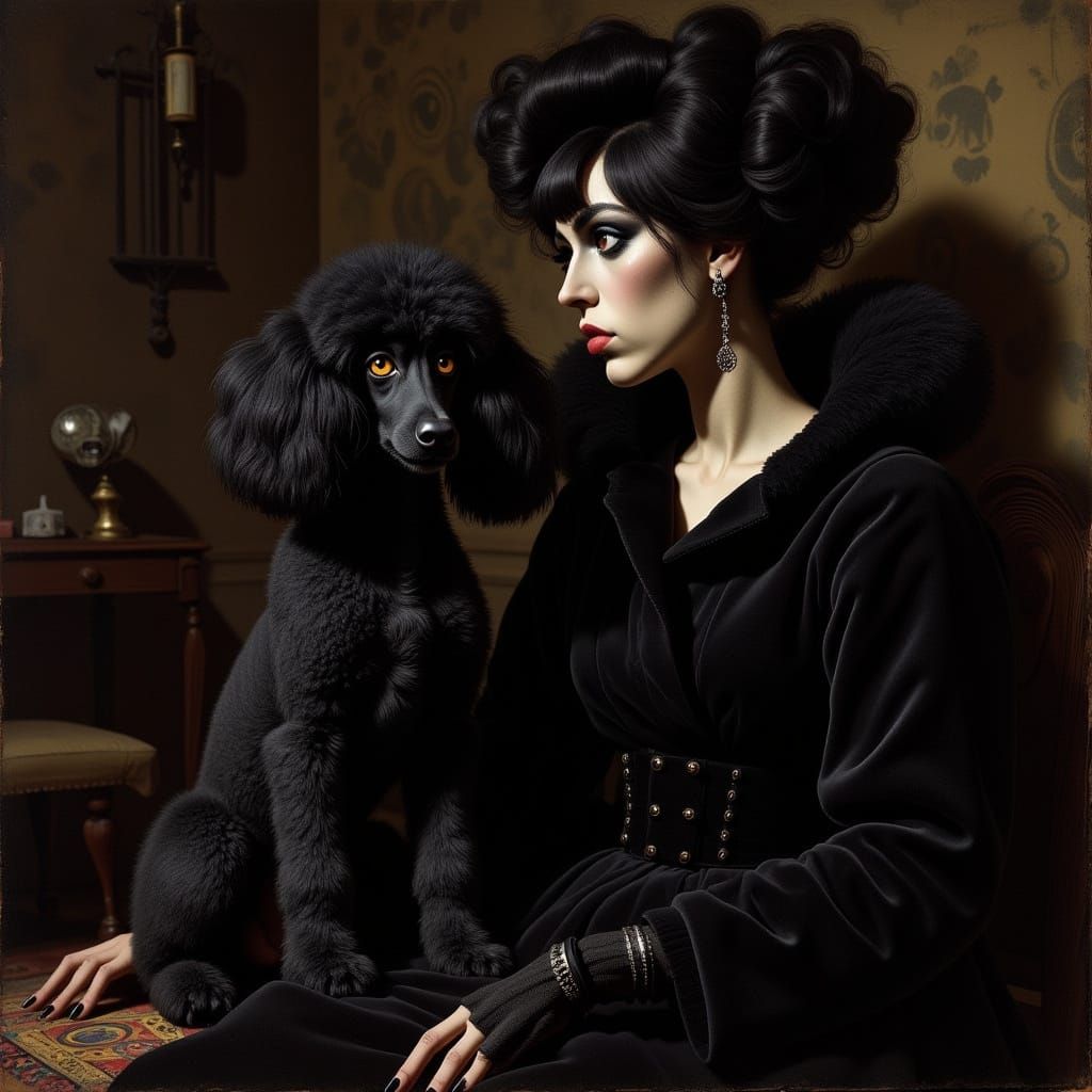 Goth Poodle and Owner in Dark Romantic Oil Painting
