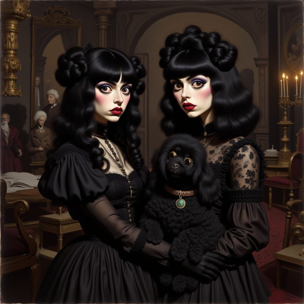 Moody Goth Poodle With Owner in Victorian Parlor