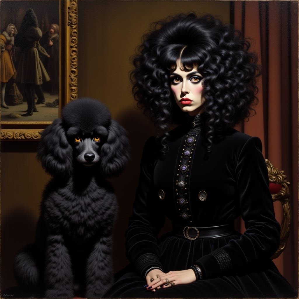 Goth Poodle and Owner in Dark Romantic Oil Painting