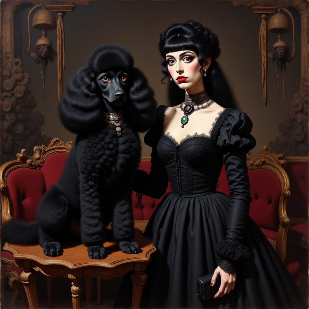 Goth Poodle and Owner in Dark Victorian Parlor