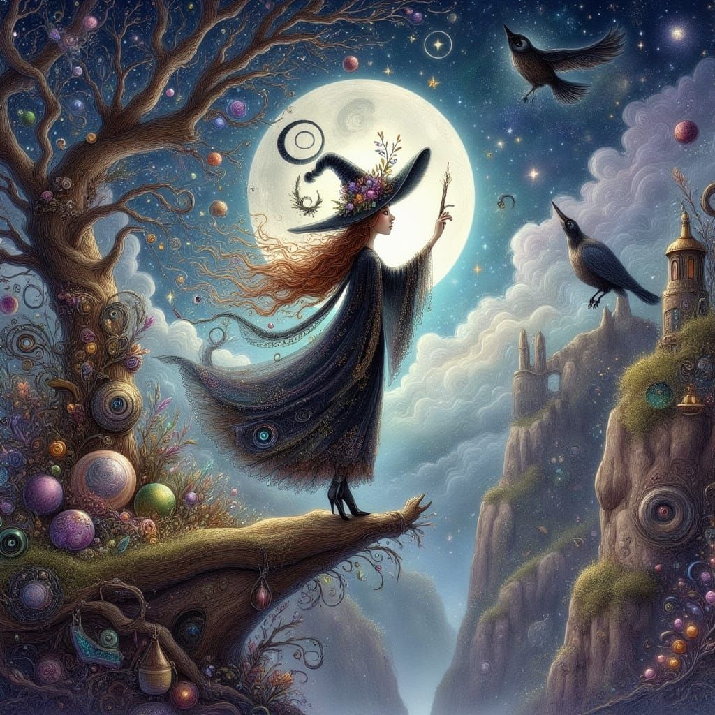 Whimsical Witch Preaching Spells to the Moon