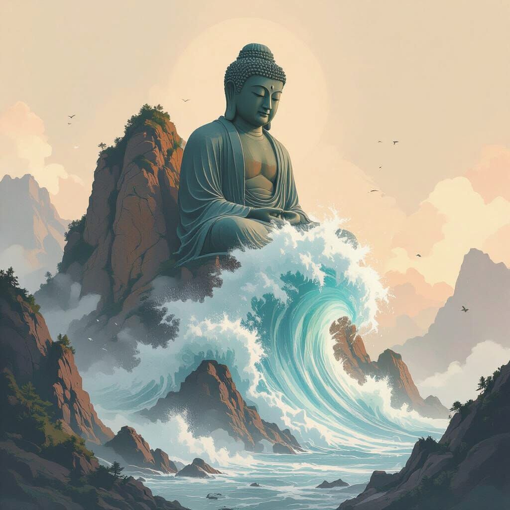 Bioluminescent Wave Crashes Against Mountain Buddhist Statue