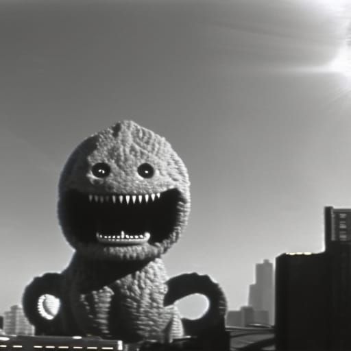"1950s black-and-white science-fiction horror film :: scary kaiju screaming giant baby destroys buildings in Los Angeles