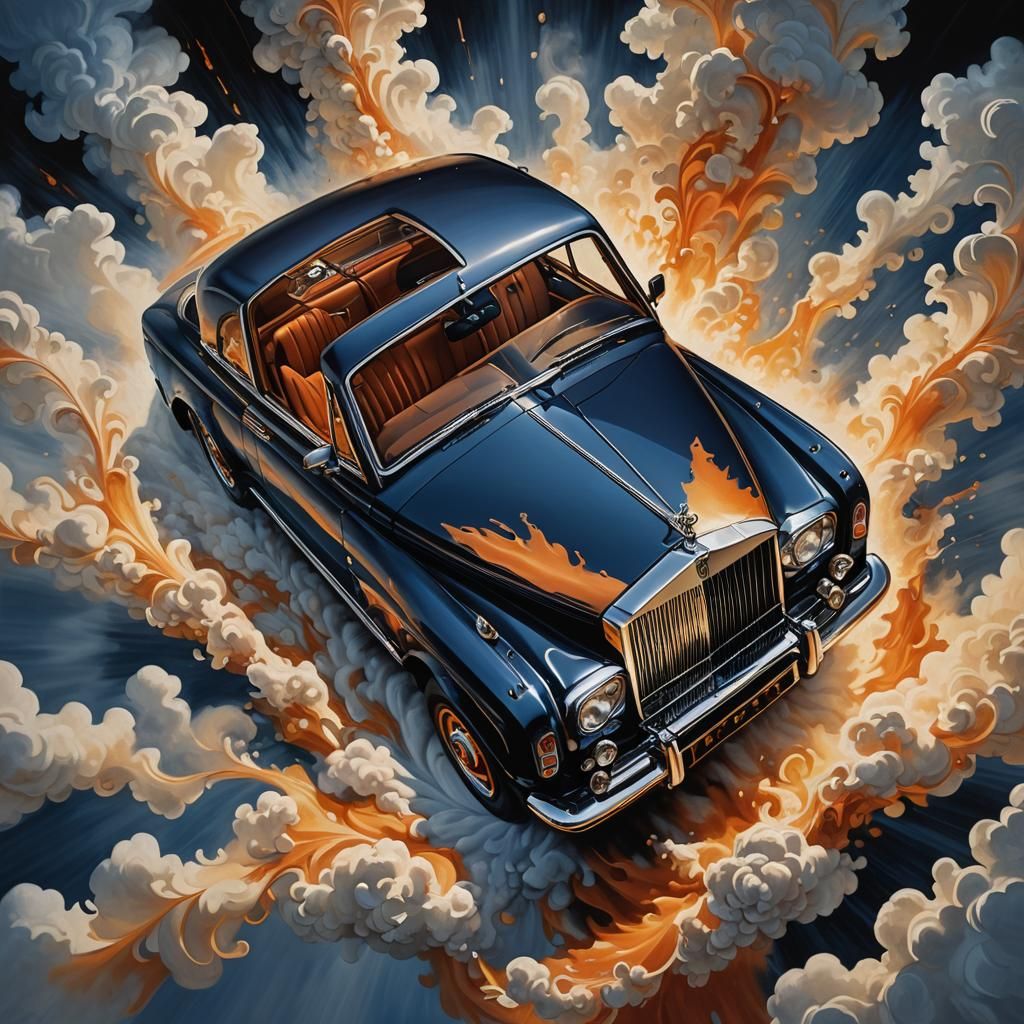 High-Contrast Rolls Royce in Mid-Air: Oil on Canvas