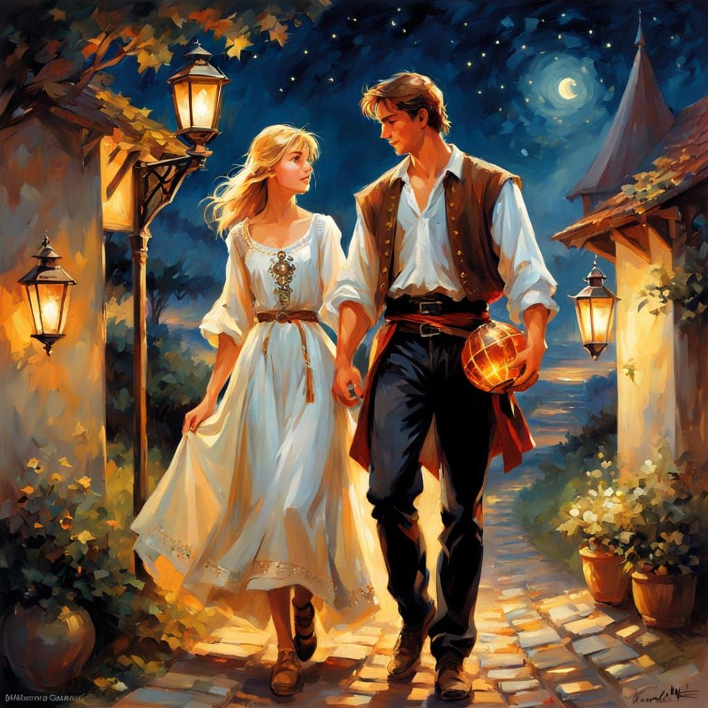 Medieval Brother Guides Sister on Evening Lantern Walk, Anim...