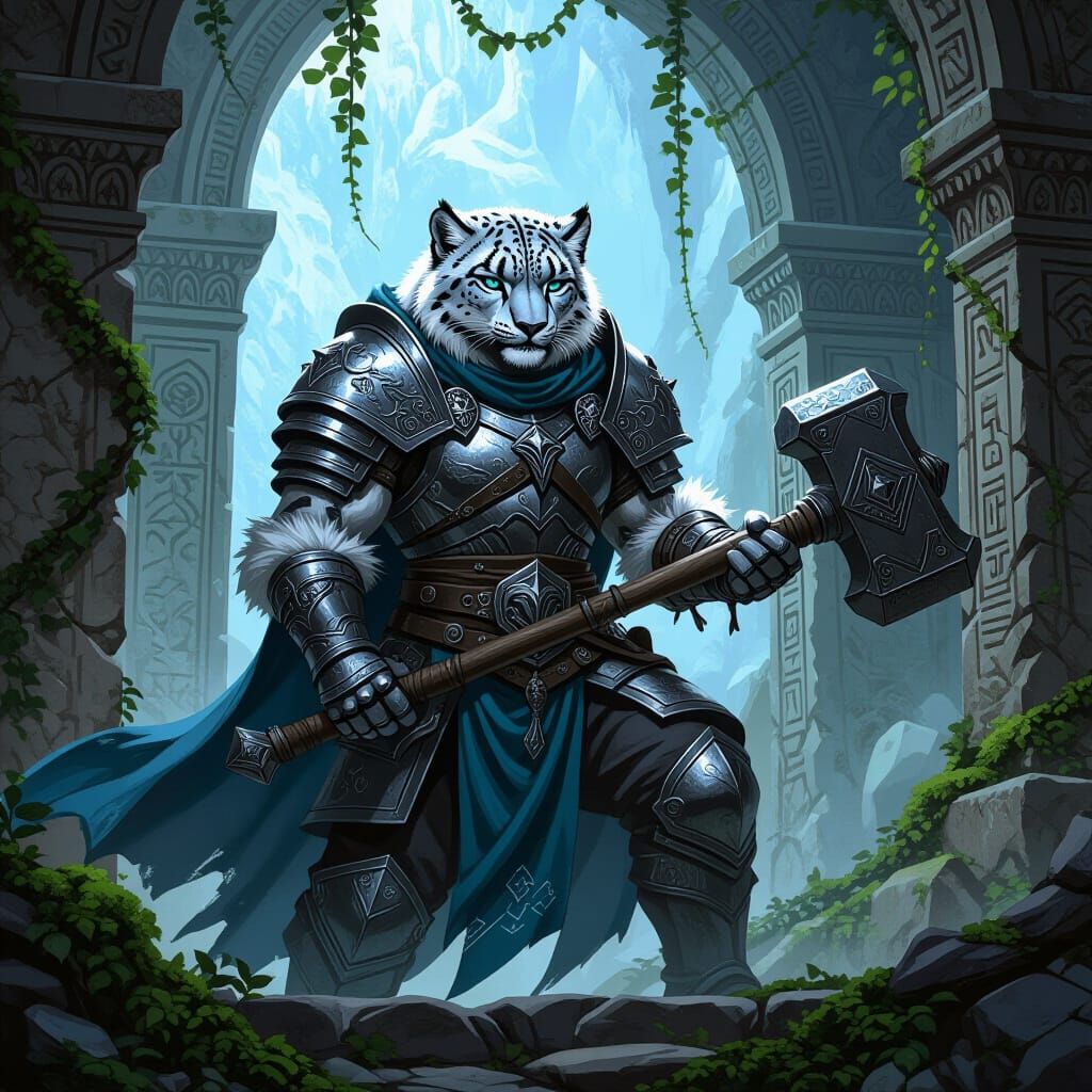 Snow Leopard Paladin in Dark Fantasy Style