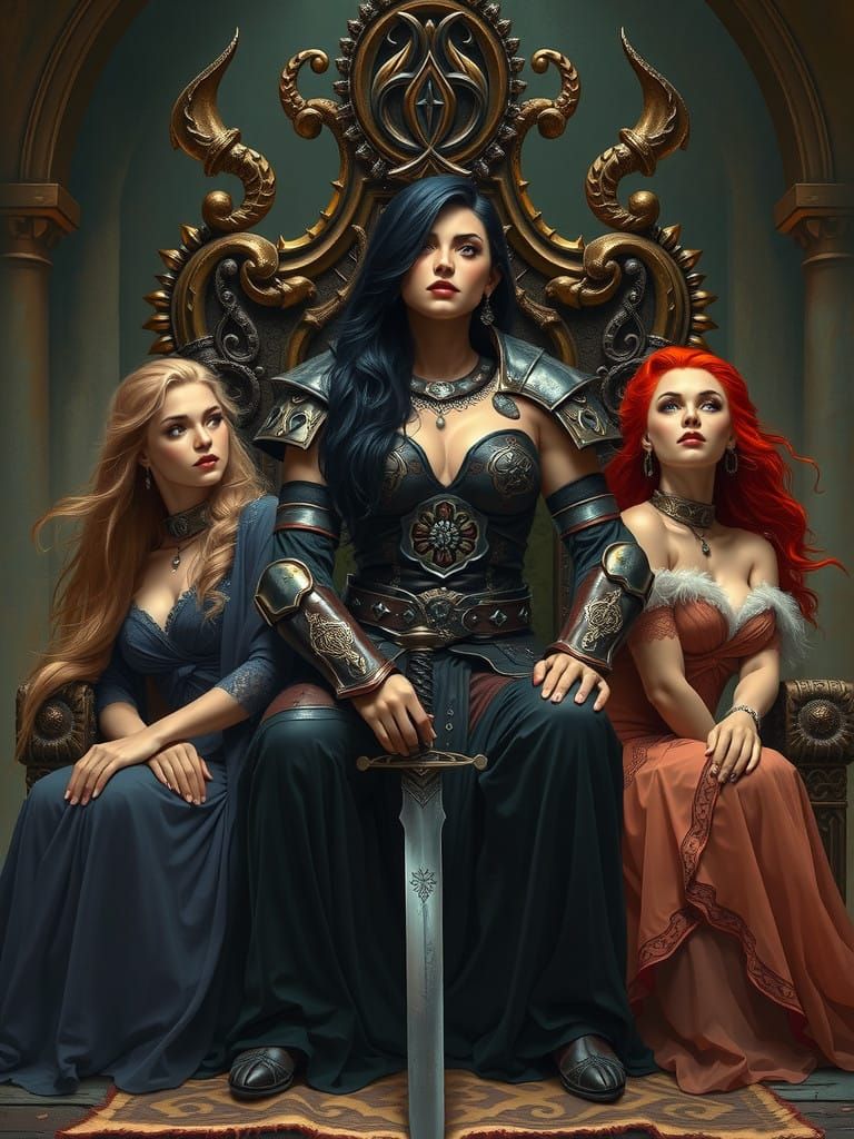 Regal Dark Fantasy Warrior Queen with Maidens