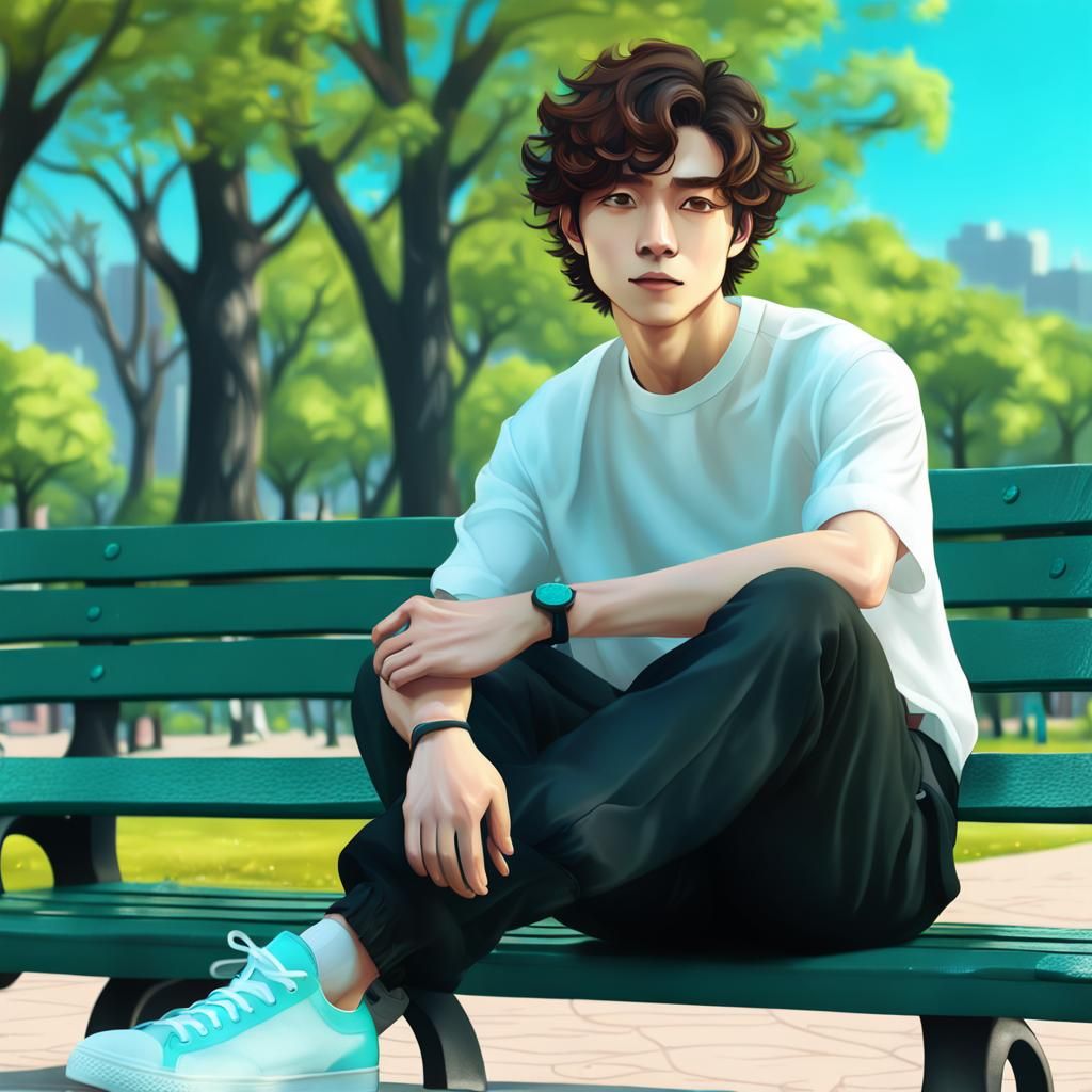 Korean Boy on Park Bench: Detailed Digital Art