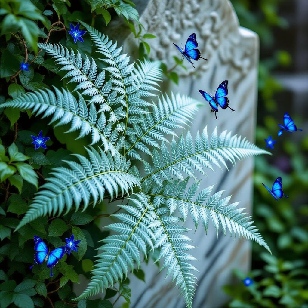 Mystical Ferns Adorn Marble Headstone with Bioluminescent Bu...
