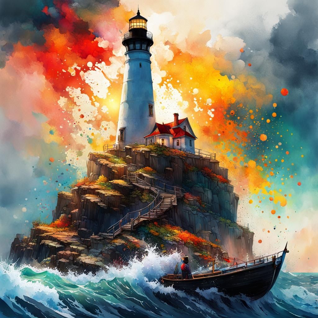 Majestic Lighthouse in Watercolor Splash Art