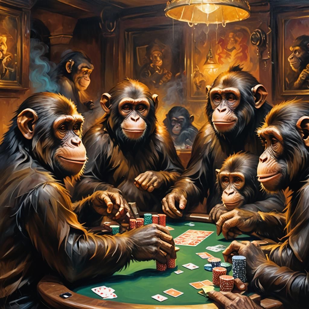 Monkeys Playing Poker in Smoky Casino as Impasto Painting