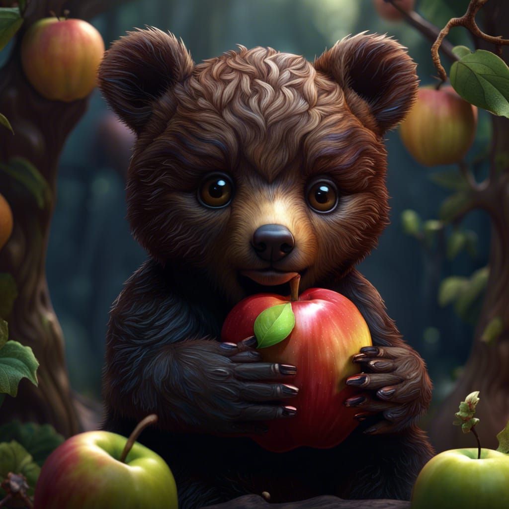 Baby Bear Holding Apple: Detailed Fantasy Art