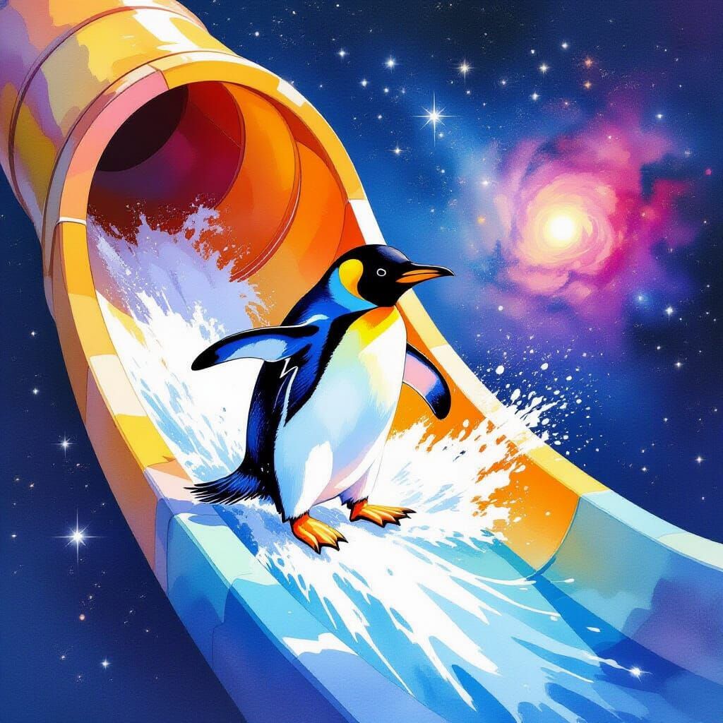 Penguin's Watercolor Slide Through Outer Space