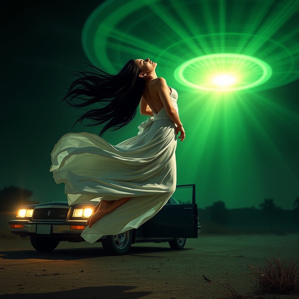 Woman Levitates into Alien Green Light, Frozen in Terror