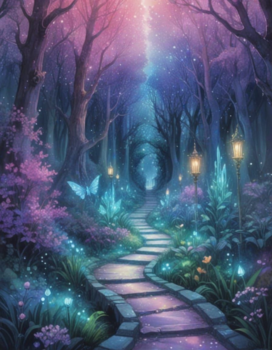Magical Pathway to Mystical Realm, Watercolor Illustration