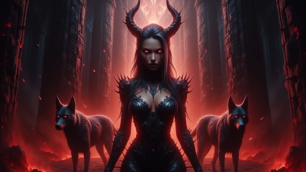 Beautiful Female Devil Before Hell Gates with Hellhounds