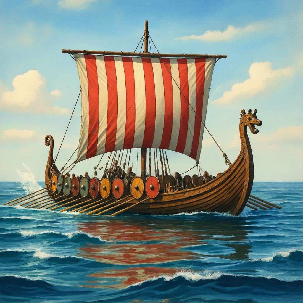 Viking Longship Sails on Calm Sea: Watercolor Painting