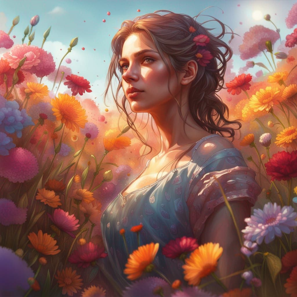 Detailed Portrait in Flower Field by Rutkowski, Artgerm